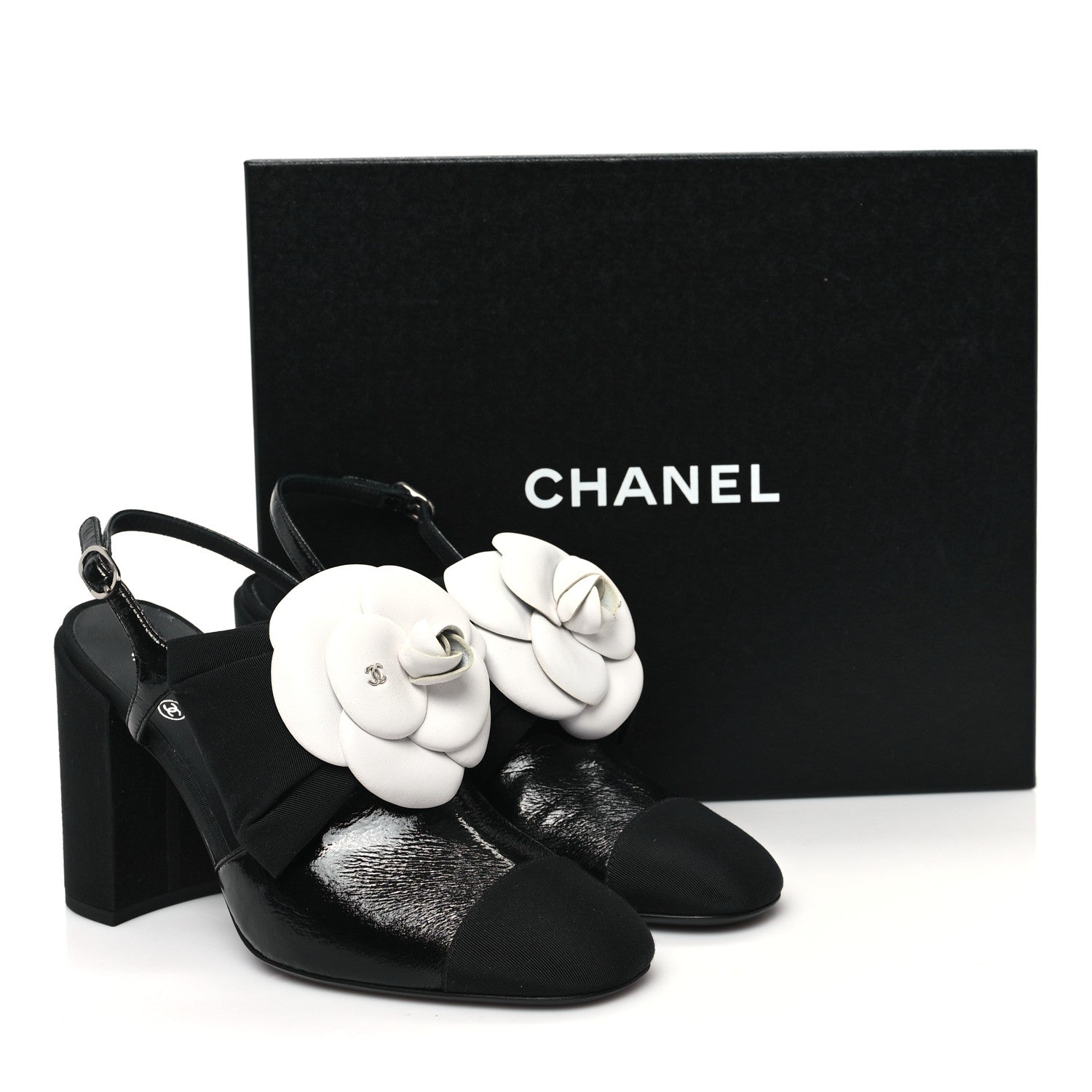 Chanel Crumpled Shiny Fabric Grosgrain Cap Toe Camellia Bow Slingback Pumps 38 Black 10 of 10