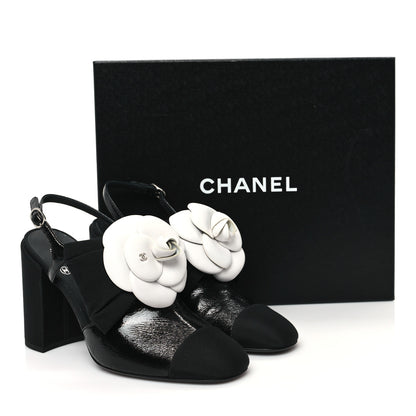 Chanel Crumpled Shiny Fabric Grosgrain Cap Toe Camellia Bow Slingback Pumps 38 Black 10 of 10