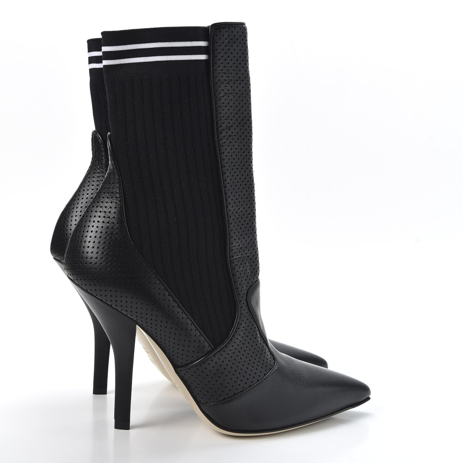 Fendi Nappa Stretch Fabric Perforated Striped Rockoko 105mm Sock Boots 39 Black White 4 of 7