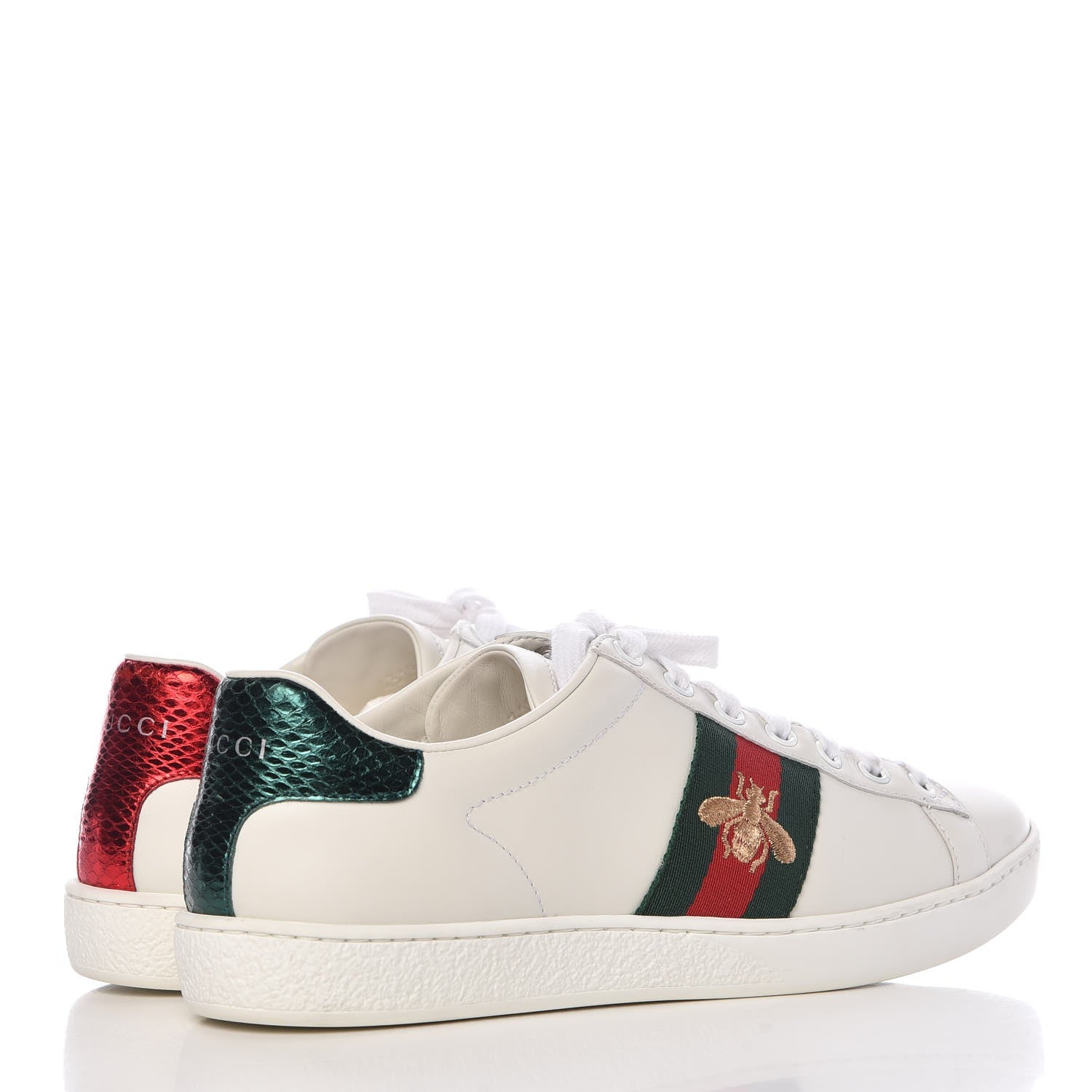 Gucci Calfskin Ayers Bee Embroidered Womens Ace Sneakers 37.5 White Green 4 of 11