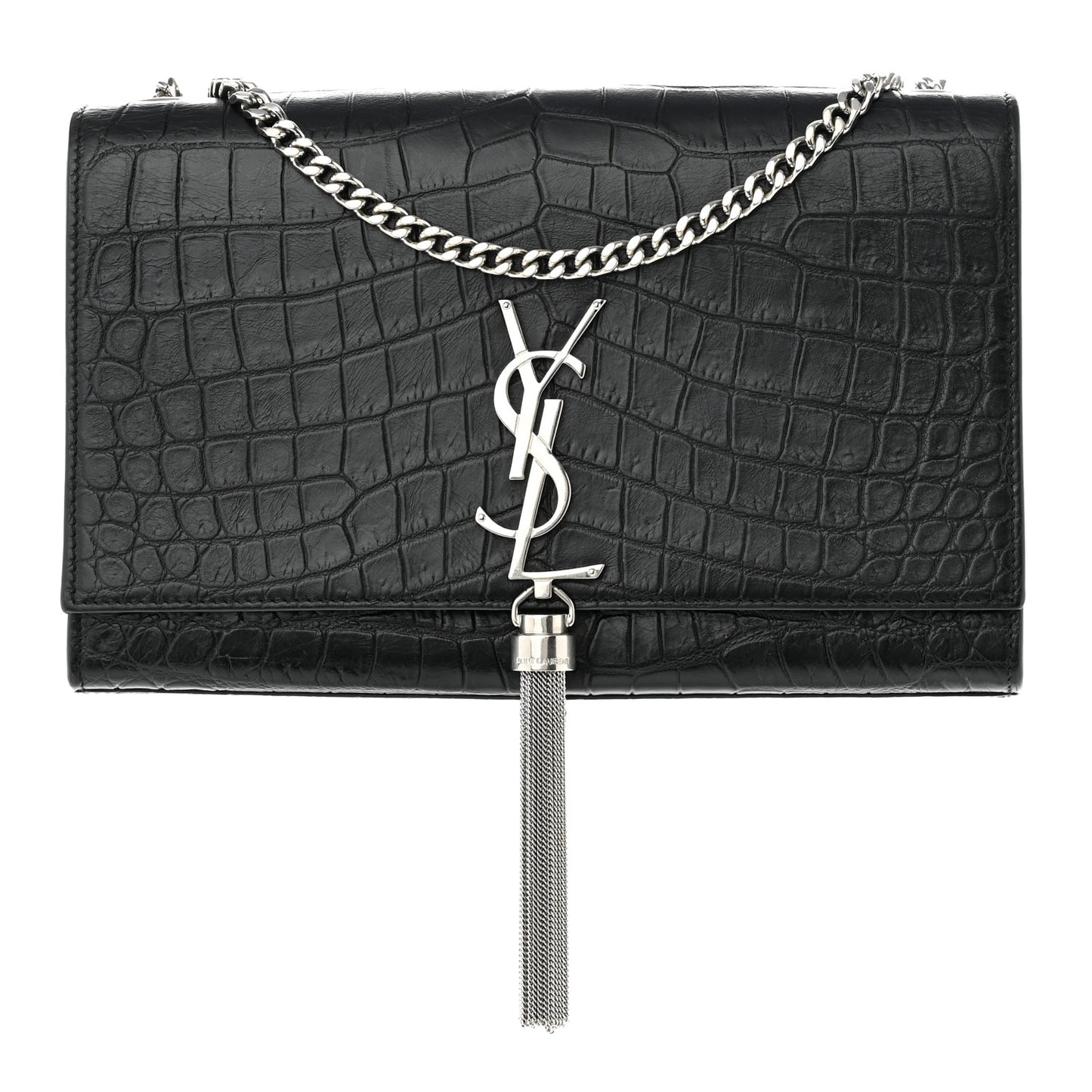 Calfskin Crocodile Embossed Medium Classic Monogram Kate Tassel Satchel Black