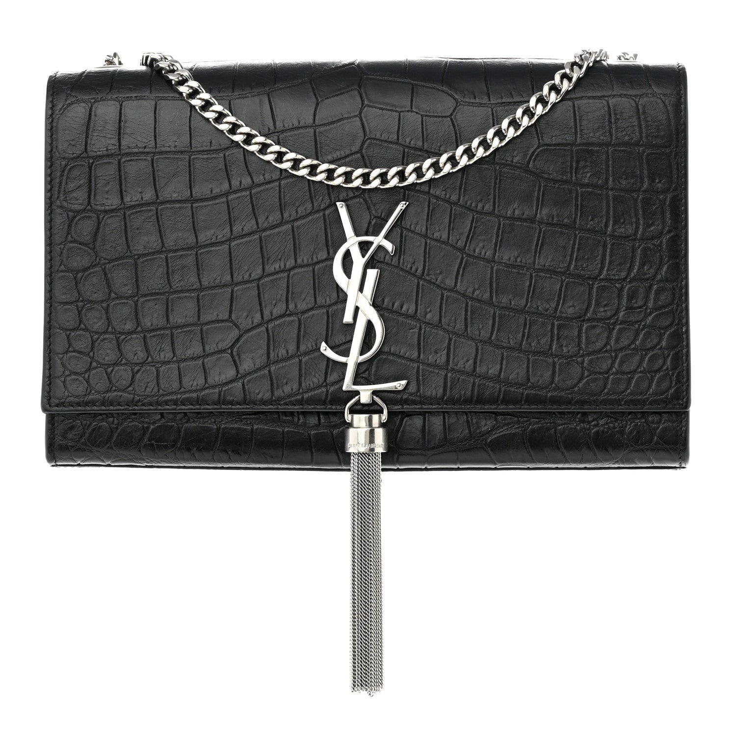 Saint Laurent Calfskin Crocodile Embossed Medium Classic Monogram Kate Tassel Satchel Black 1 of 9