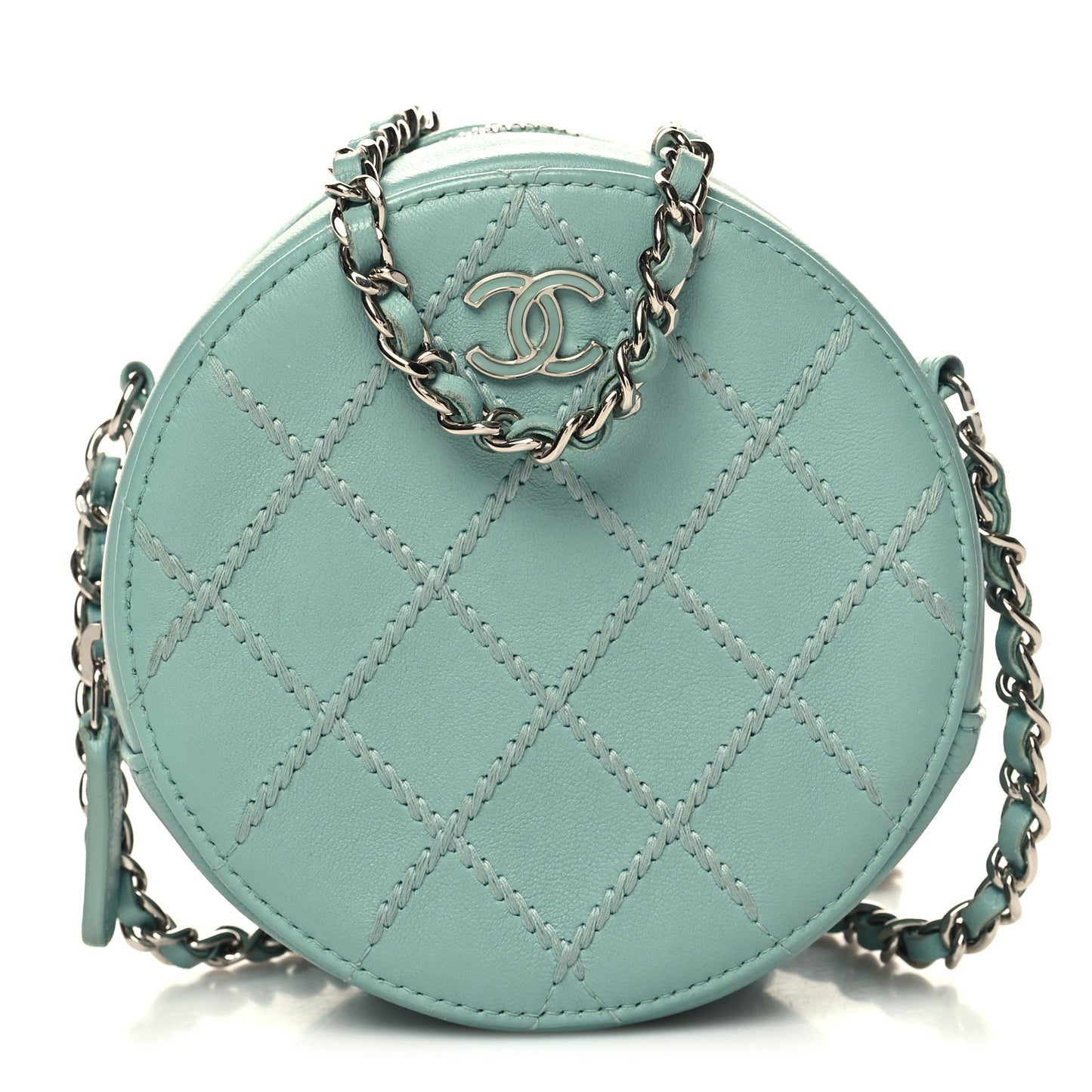 Lambskin Stitch Round Clutch With Chain Light Blue