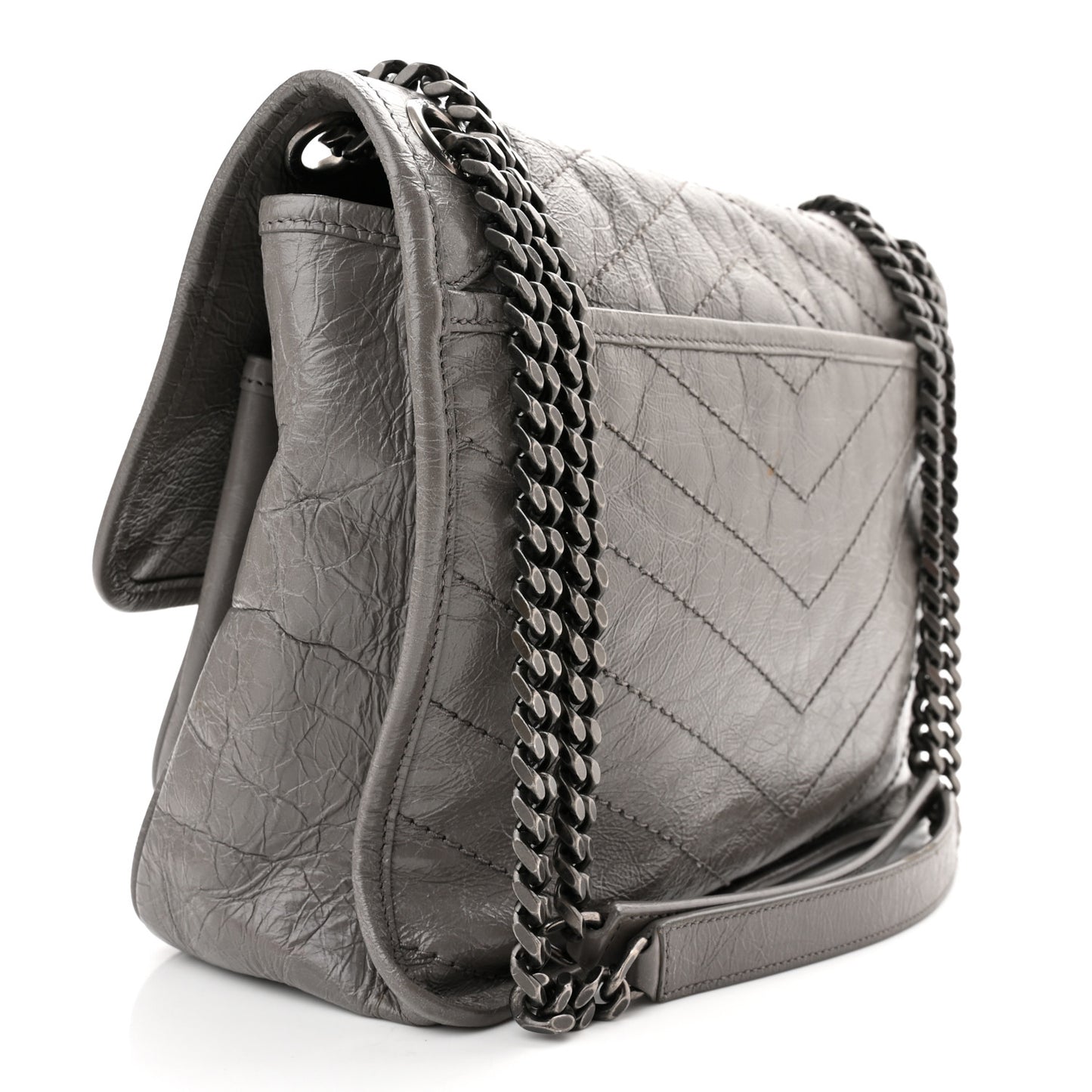 Crinkled Calfskin Matelasse Monogram Medium Niki Chain Satchel Fog