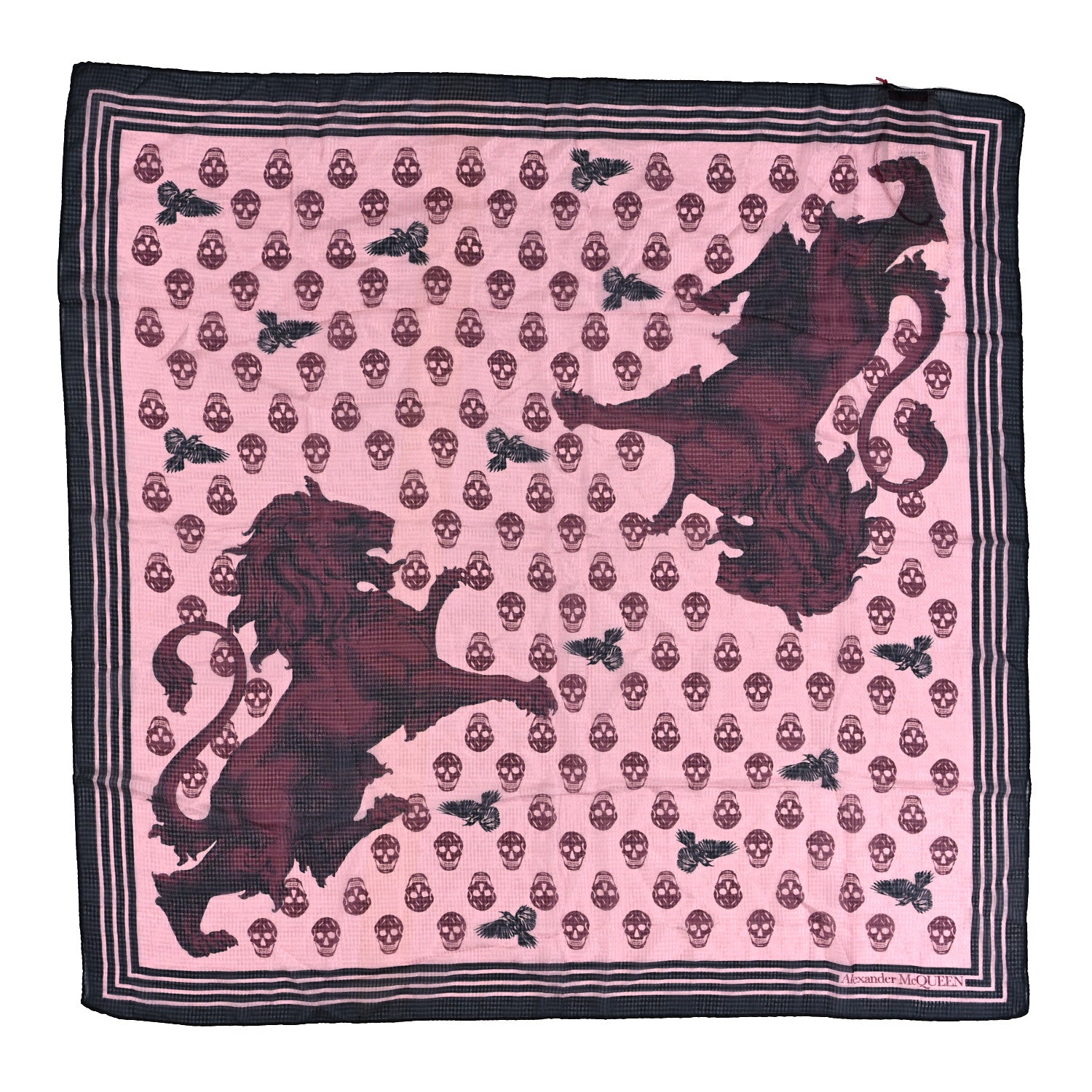 Alexander McQueen Silk Chiffon Lion Skull Scarf Black Pink 1 of 3
