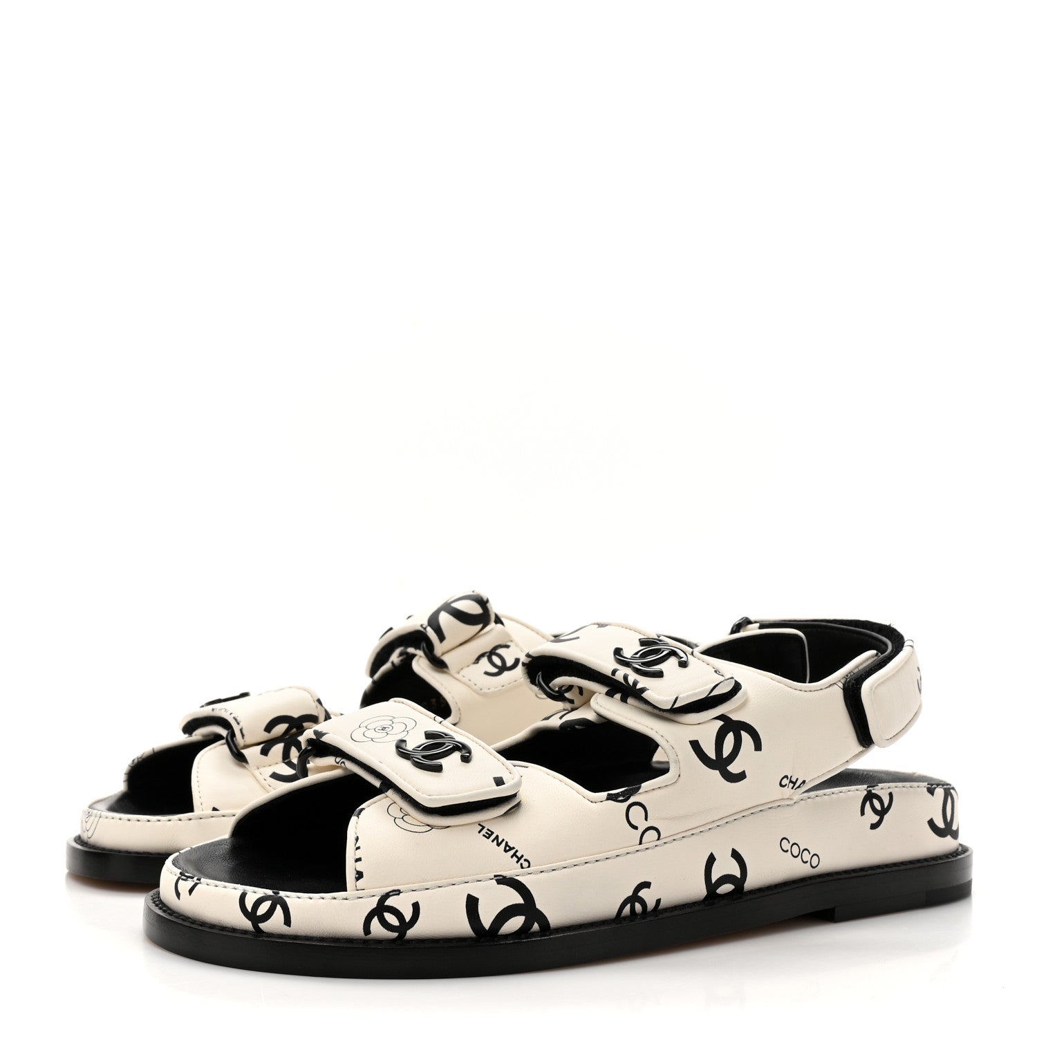 Chanel Lambskin Printed CC Velcro Dad Sandals 37 White Black 4 of 9