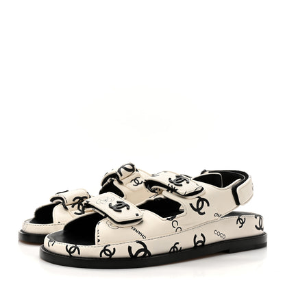Chanel Lambskin Printed CC Velcro Dad Sandals 37 White Black 4 of 9