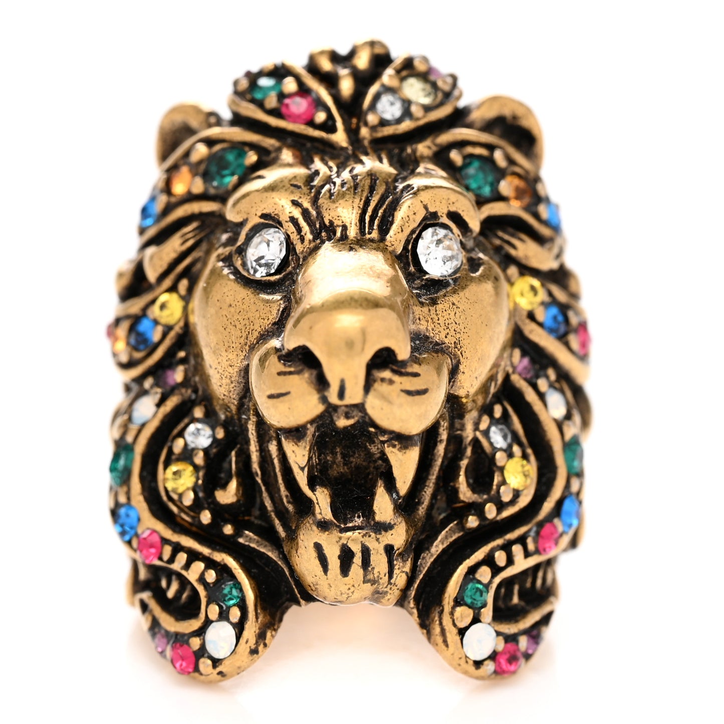 Metal Crystal Lion Head Ring 13 Aged Gold