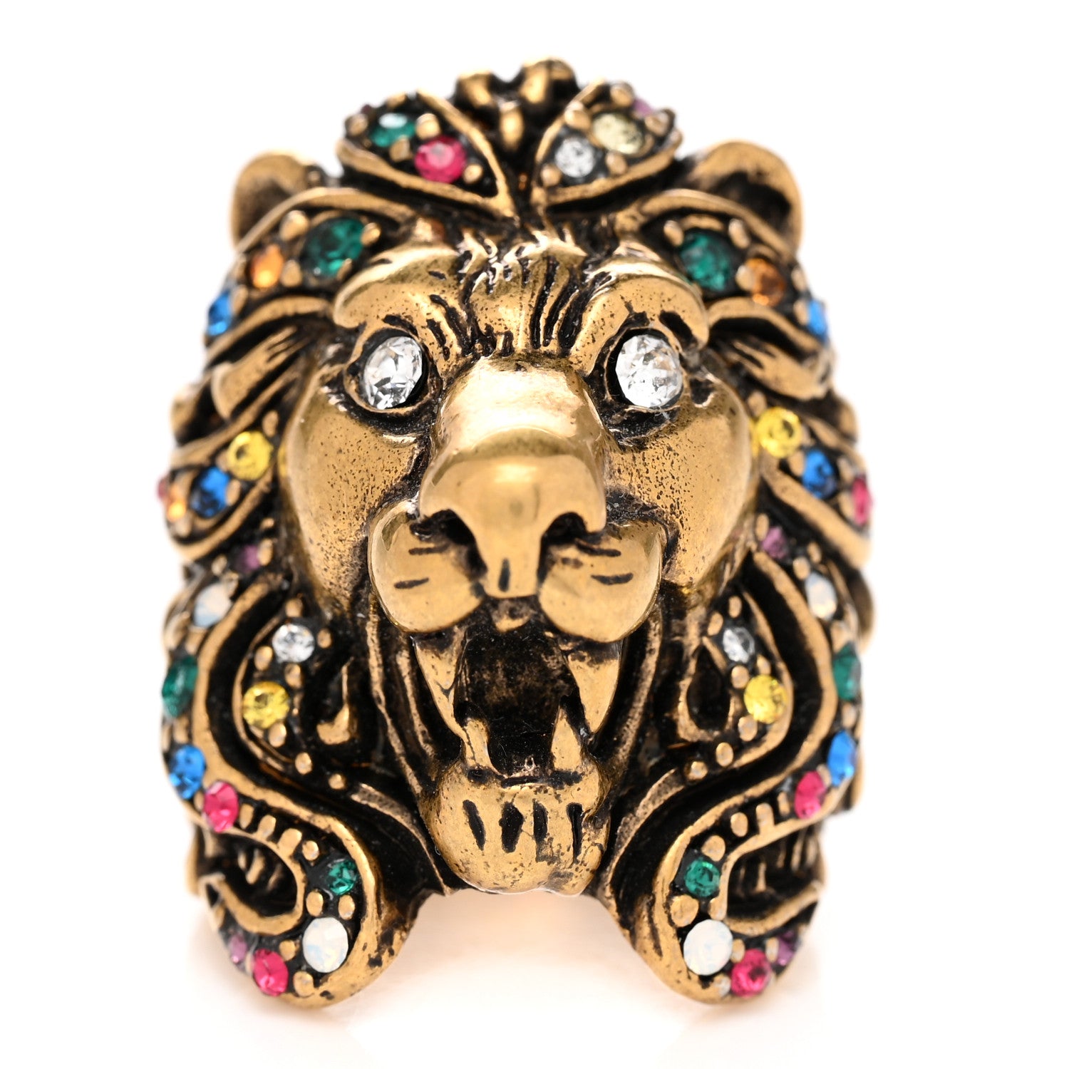 Gucci Metal Crystal Lion Head Ring 13 Aged Gold 1 of 4