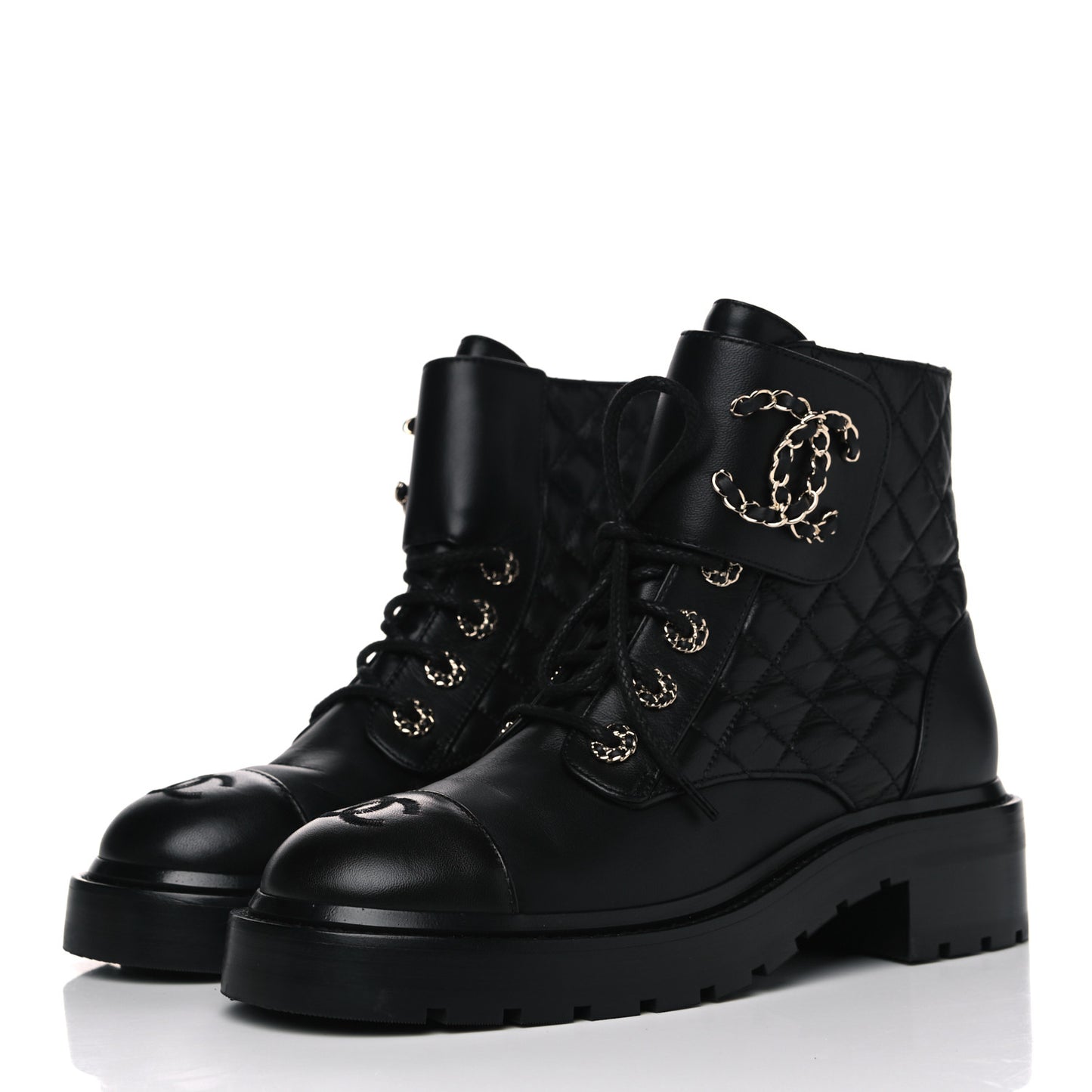 Shiny Lambskin Quilted Lace Up Combat Boots 37 Black