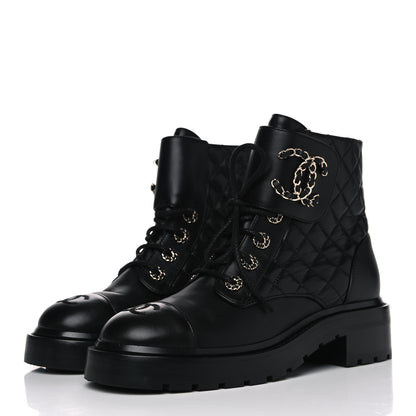 Chanel Shiny Lambskin Quilted Lace Up Combat Boots 37 Black 3 of 5