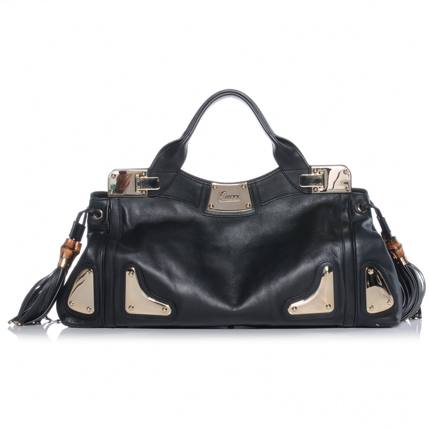 Leather Race Bamboo Tassel Tote Black