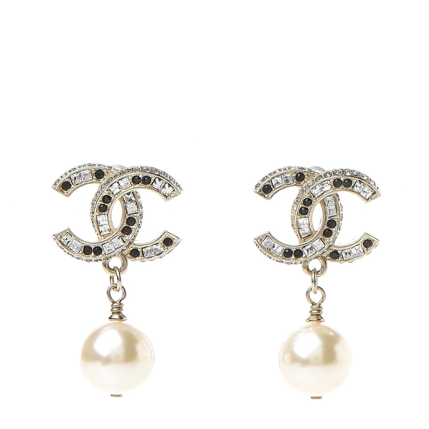Baguette Crystal Pearl CC Drop Earrings Gold Black