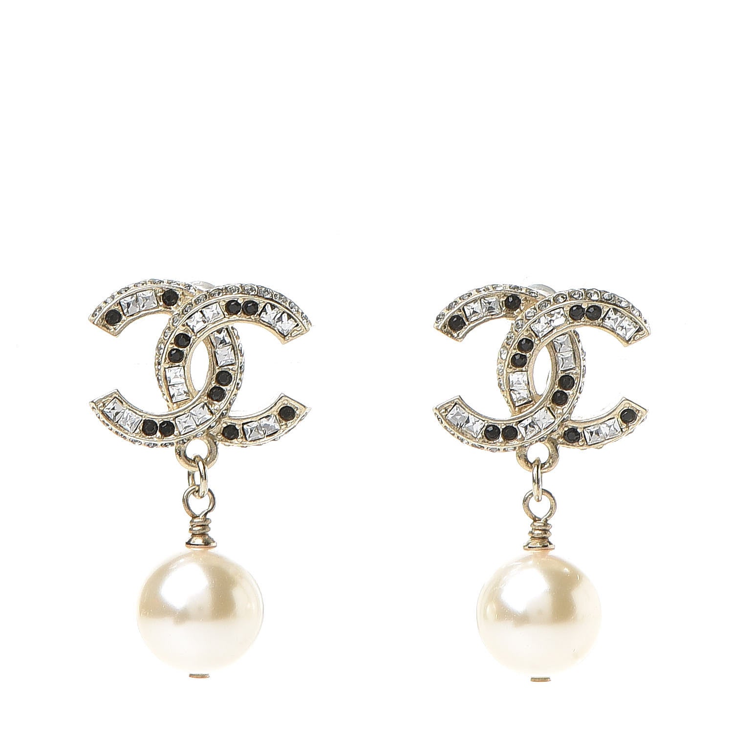 Chanel Baguette Crystal Pearl CC Drop Earrings Gold Black 1 of 4