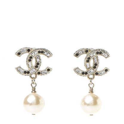 Chanel Baguette Crystal Pearl CC Drop Earrings Gold Black 1 of 4
