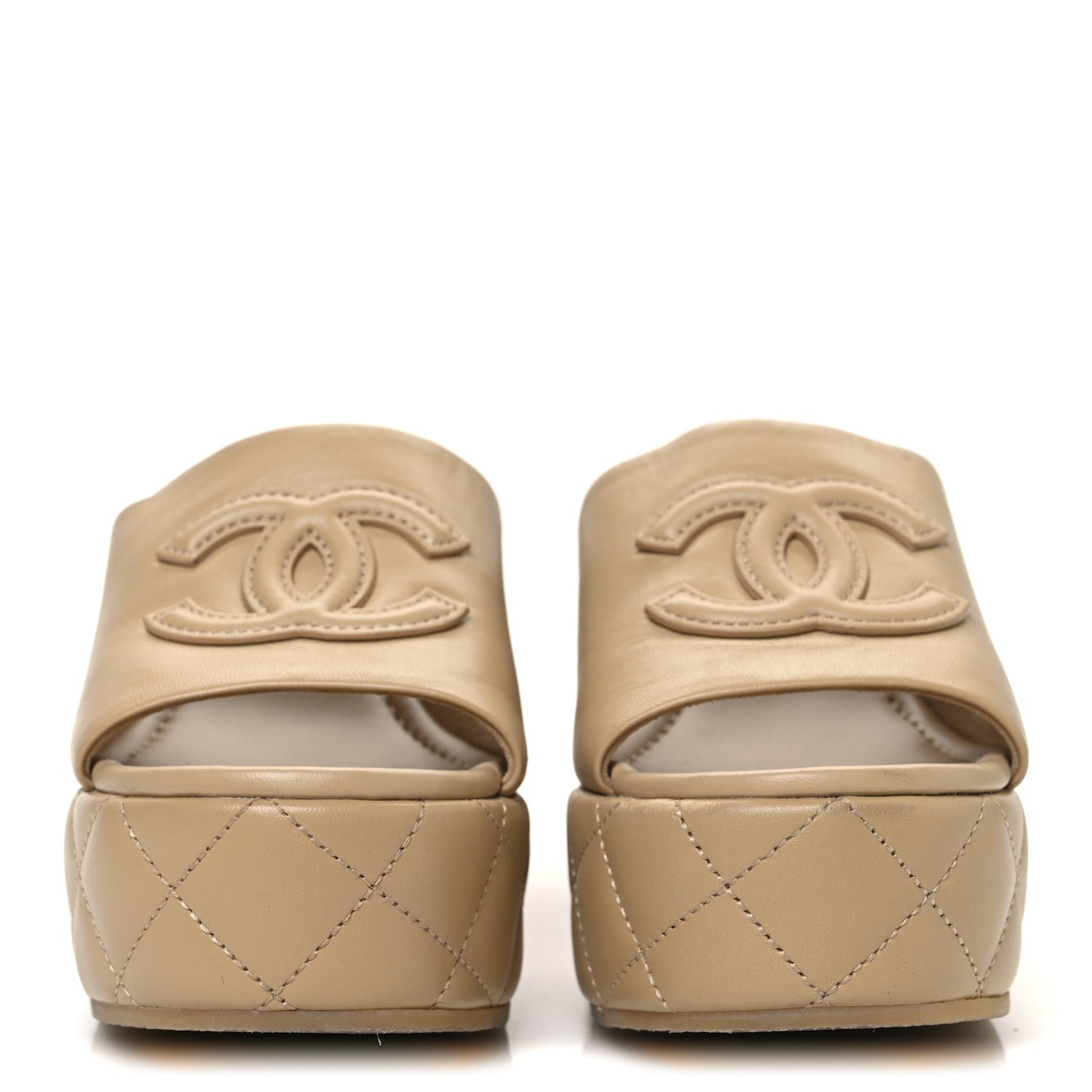 Lambskin Quilted CC Platform Mules 39 Beige