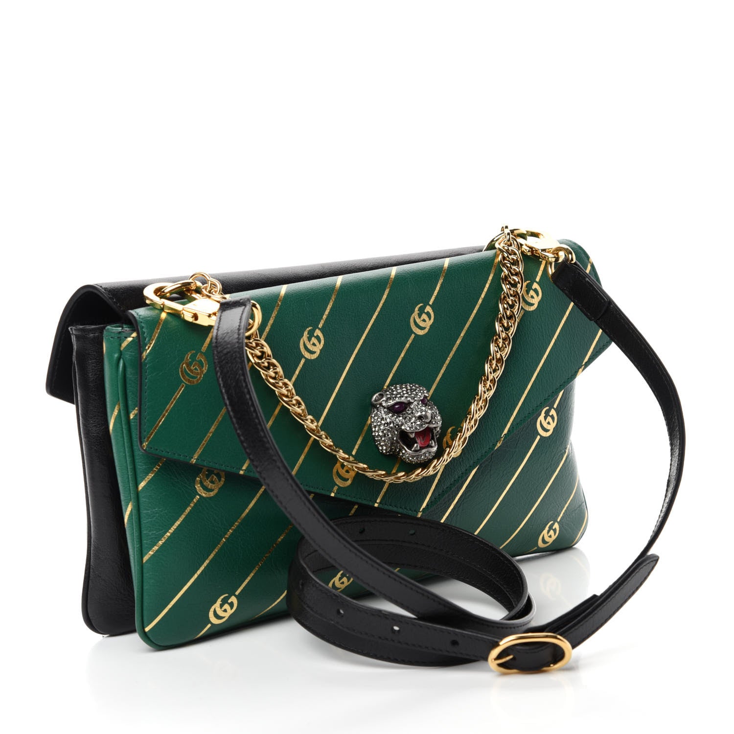 Gucci Calfskin Diagonal GG Medium Thiara Double Envelope Shoulder Bag Emerald Green Black 3 of 11