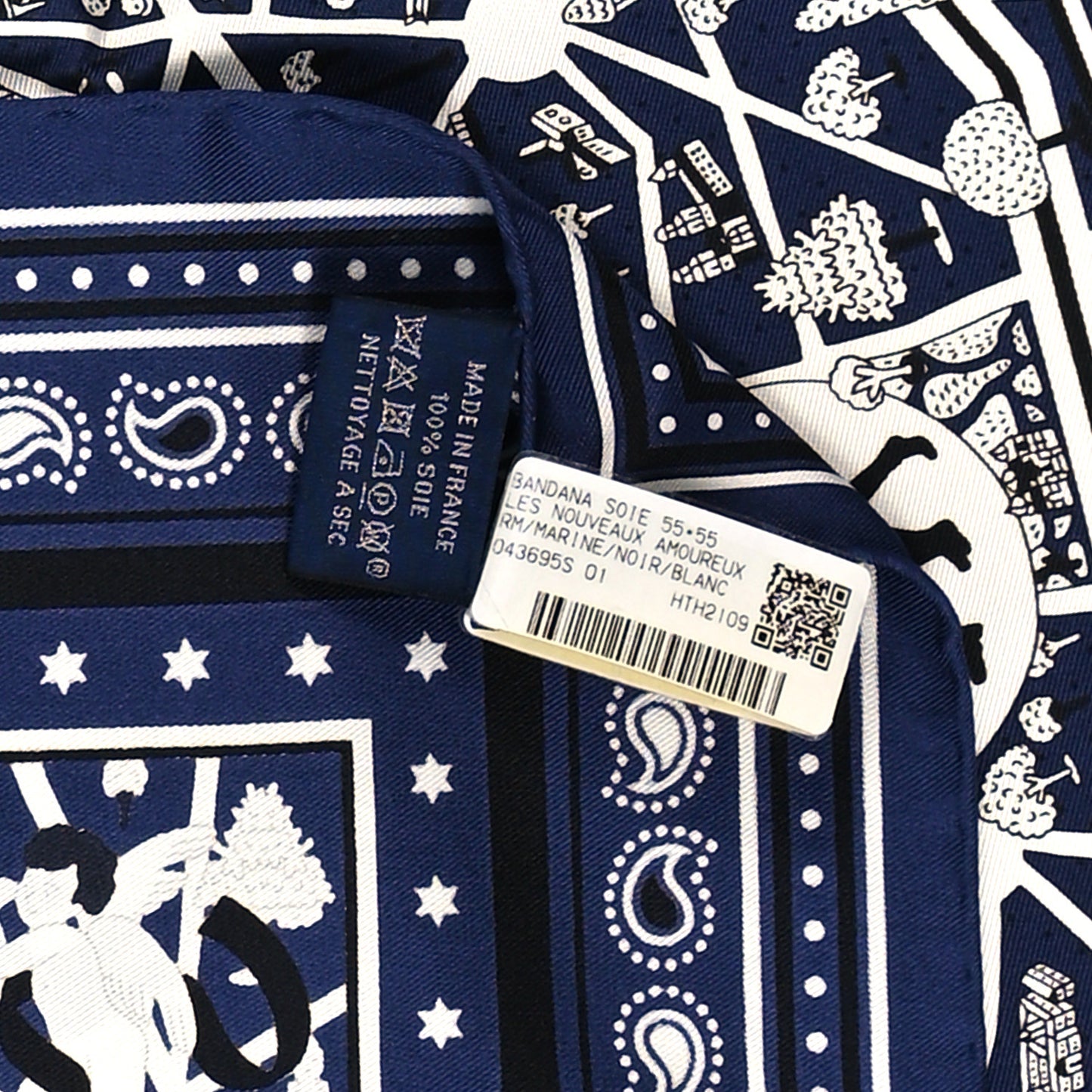 Silk Les Nouveaux Amoureux de Paris Bandana Scarf 55 Bleu Canard Black Gris