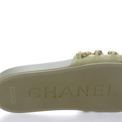 Chanel Lambskin Canvas Chain Flat Sandals 37 Green 6 of 7