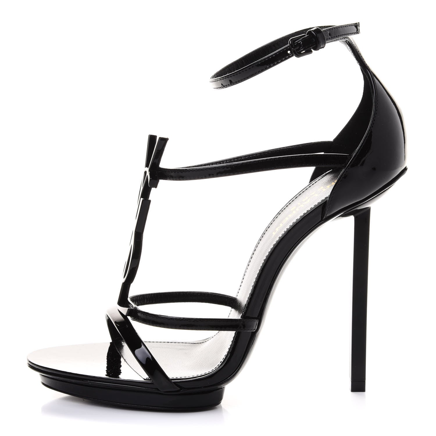 Saint Laurent Patent Cassandra 110 Ankle Strap Sandals 38.5 Black 1 of 8