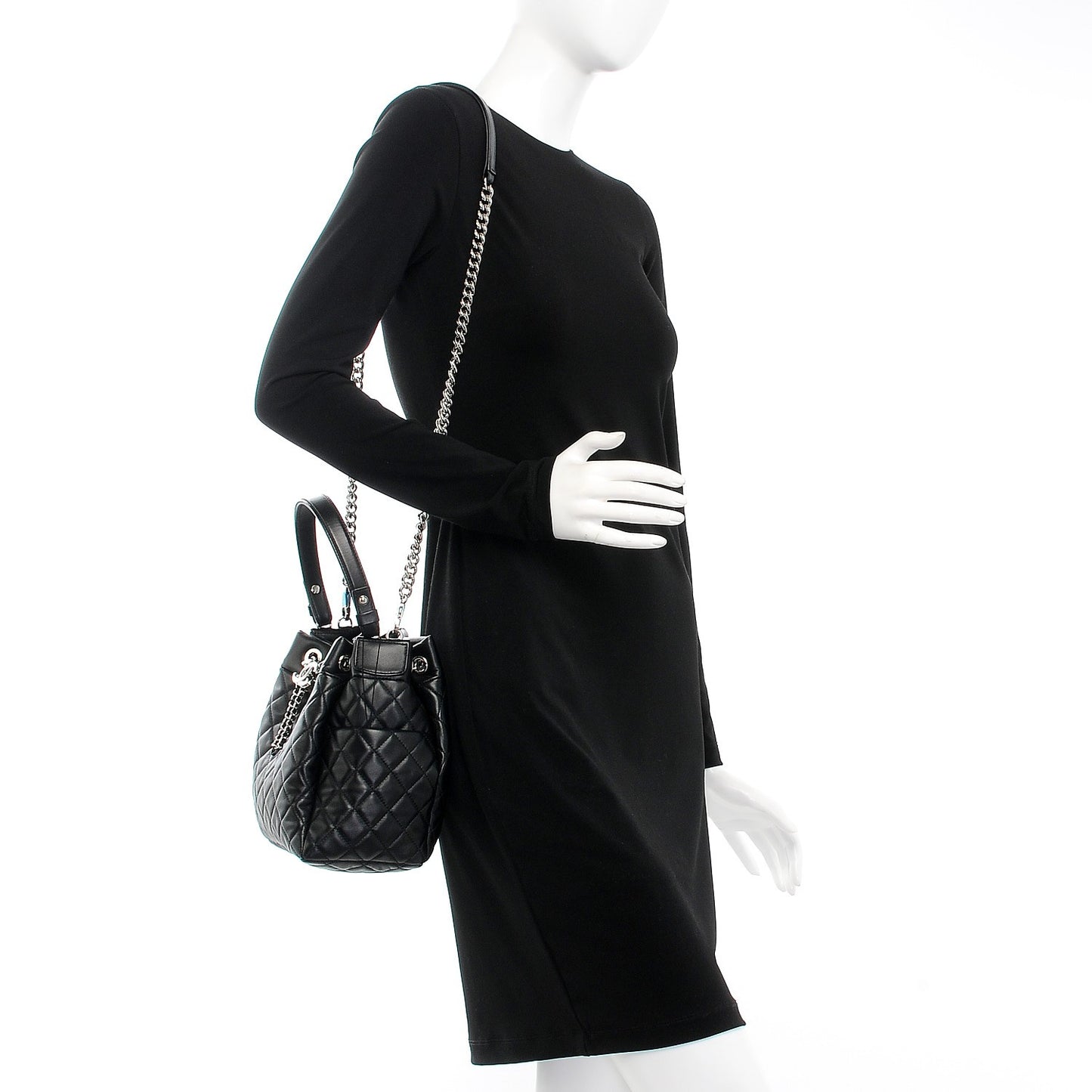 Lambskin Quilted Small Chain Bucket Bag Black