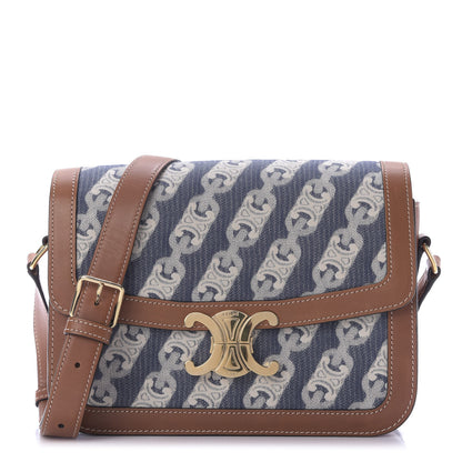 Celine Natural Calfskin Chaine Triomphe Jacquard Canvas Medium Triomphe Bag Navy Tan 1 of 9