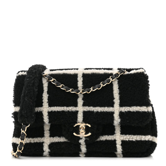 Shearling Lambskin Large Fluffy Tartan Single Flap Black White
