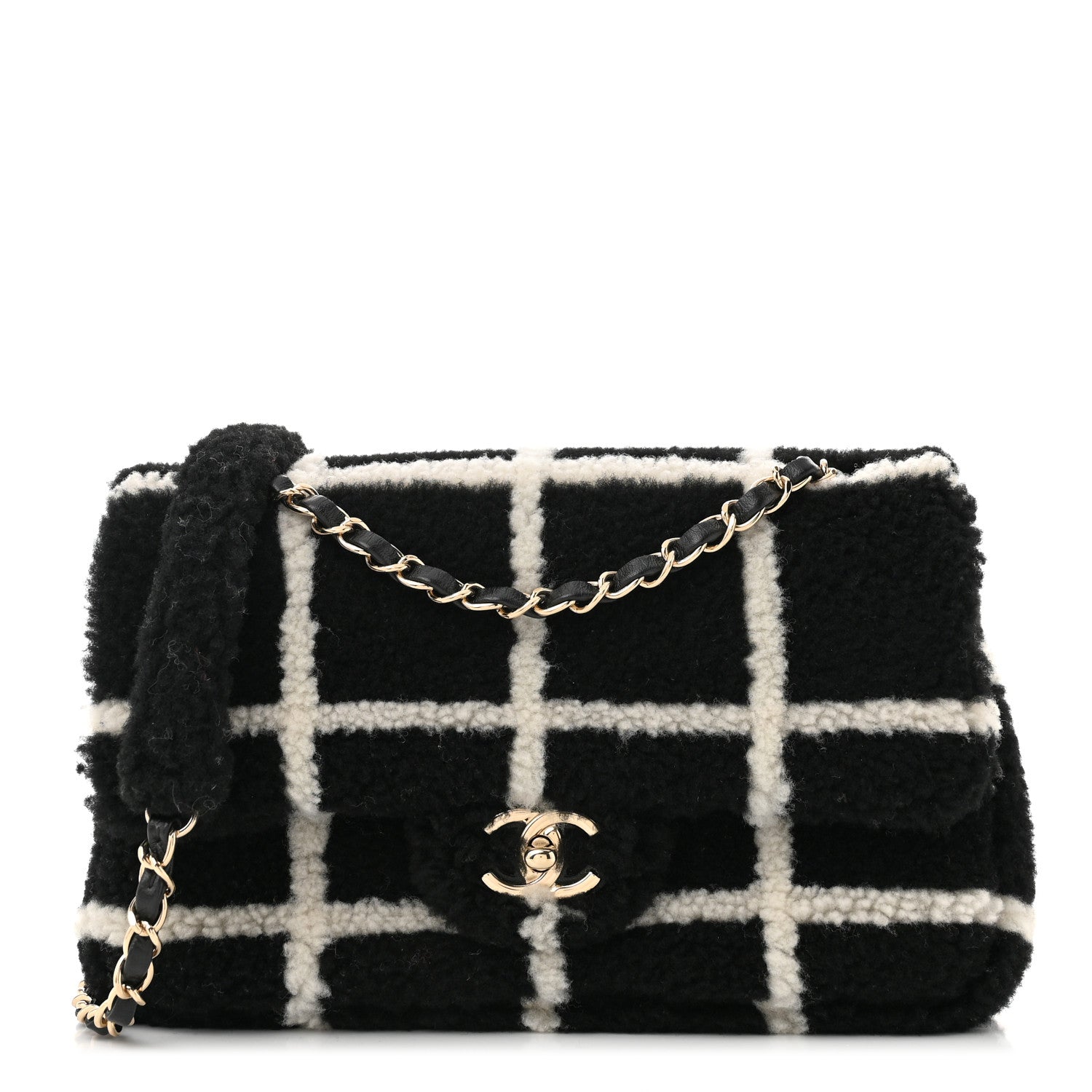 Chanel Shearling Lambskin Large Fluffy Tartan Single Flap Black White 1 of 11