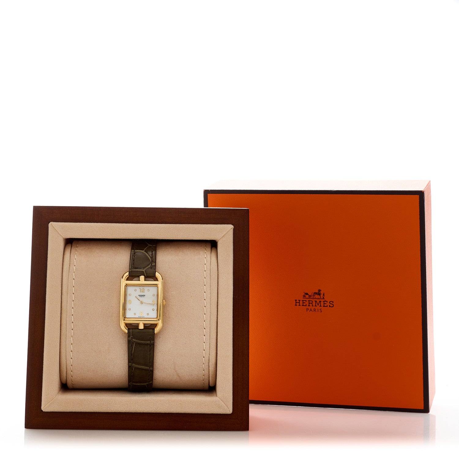 Hermes 18K Yellow Gold Alligator Diamond Mother of Pearl 23mm Cape Cod Quartz Watch Gris Elephant 5 of 5