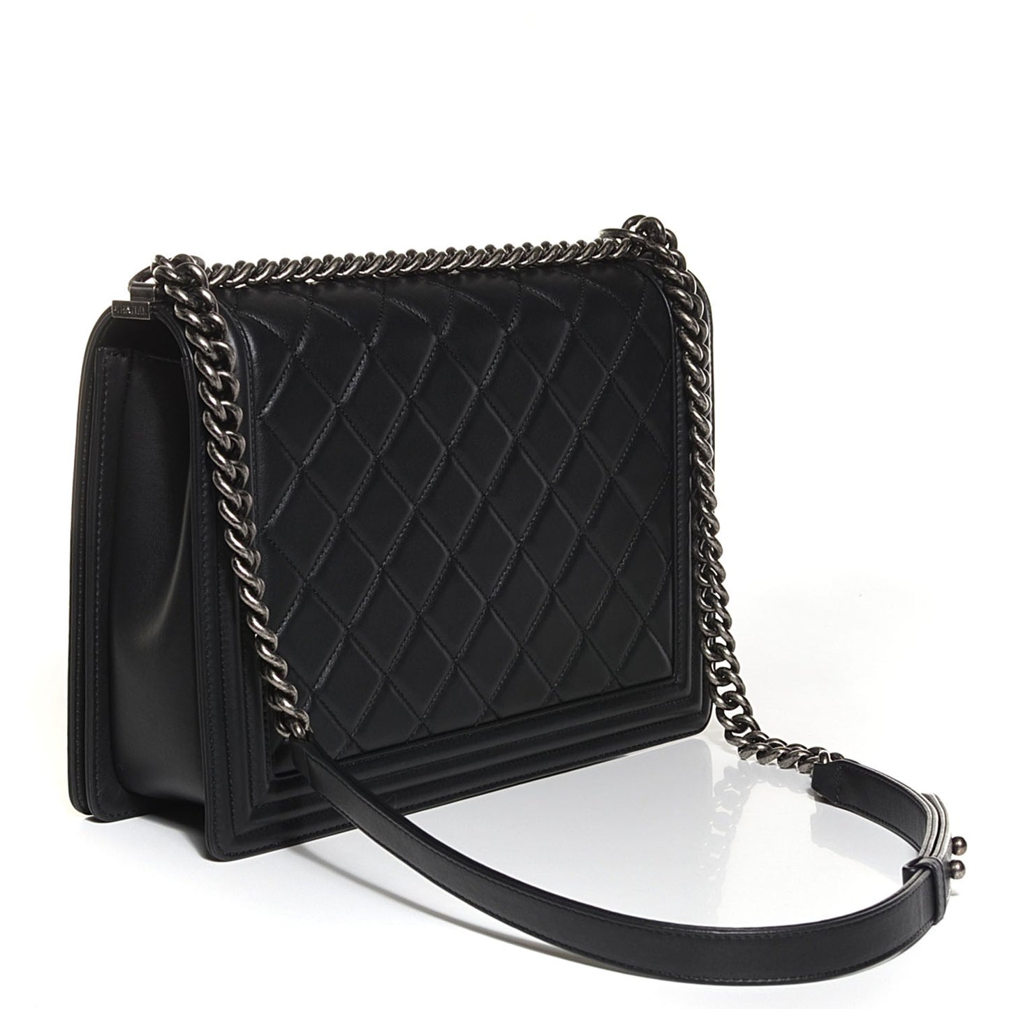 Calfskin Quilted Large Boy Flap Black