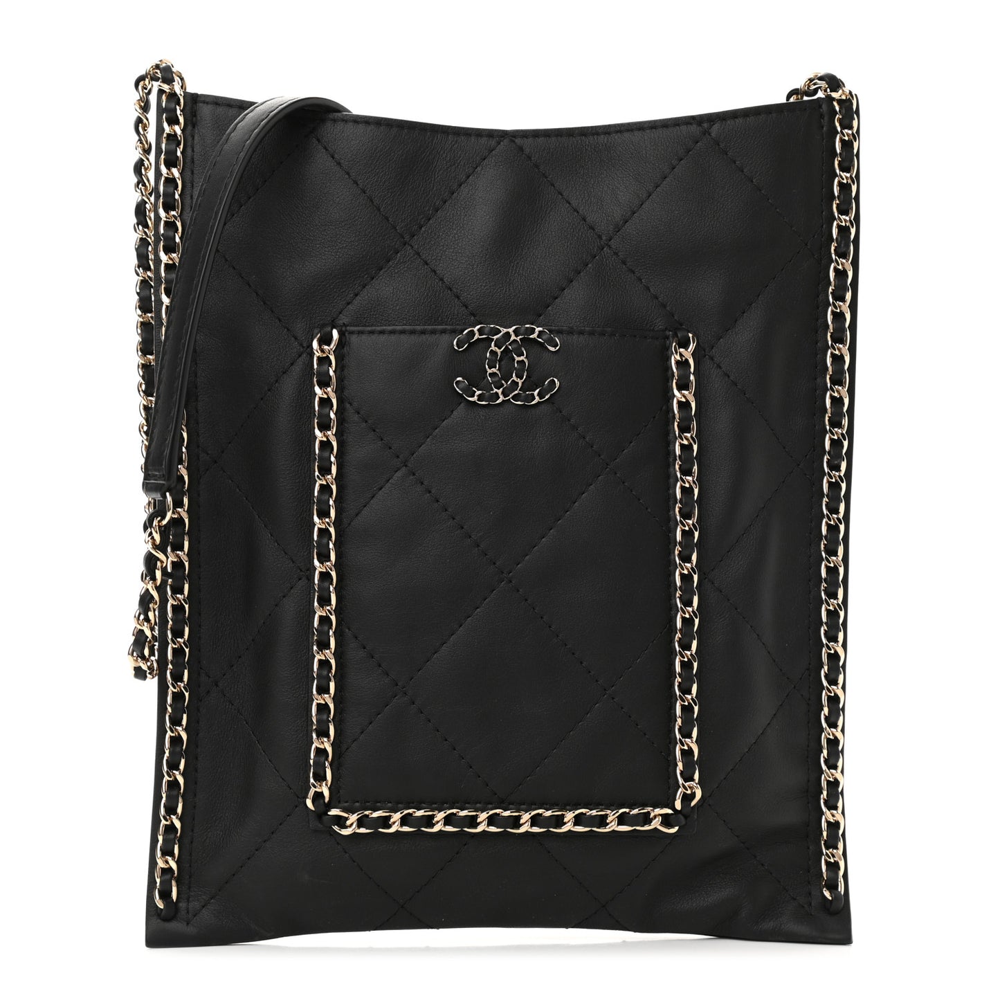 Calfskin Quilted Small Chain Flat Tote Black