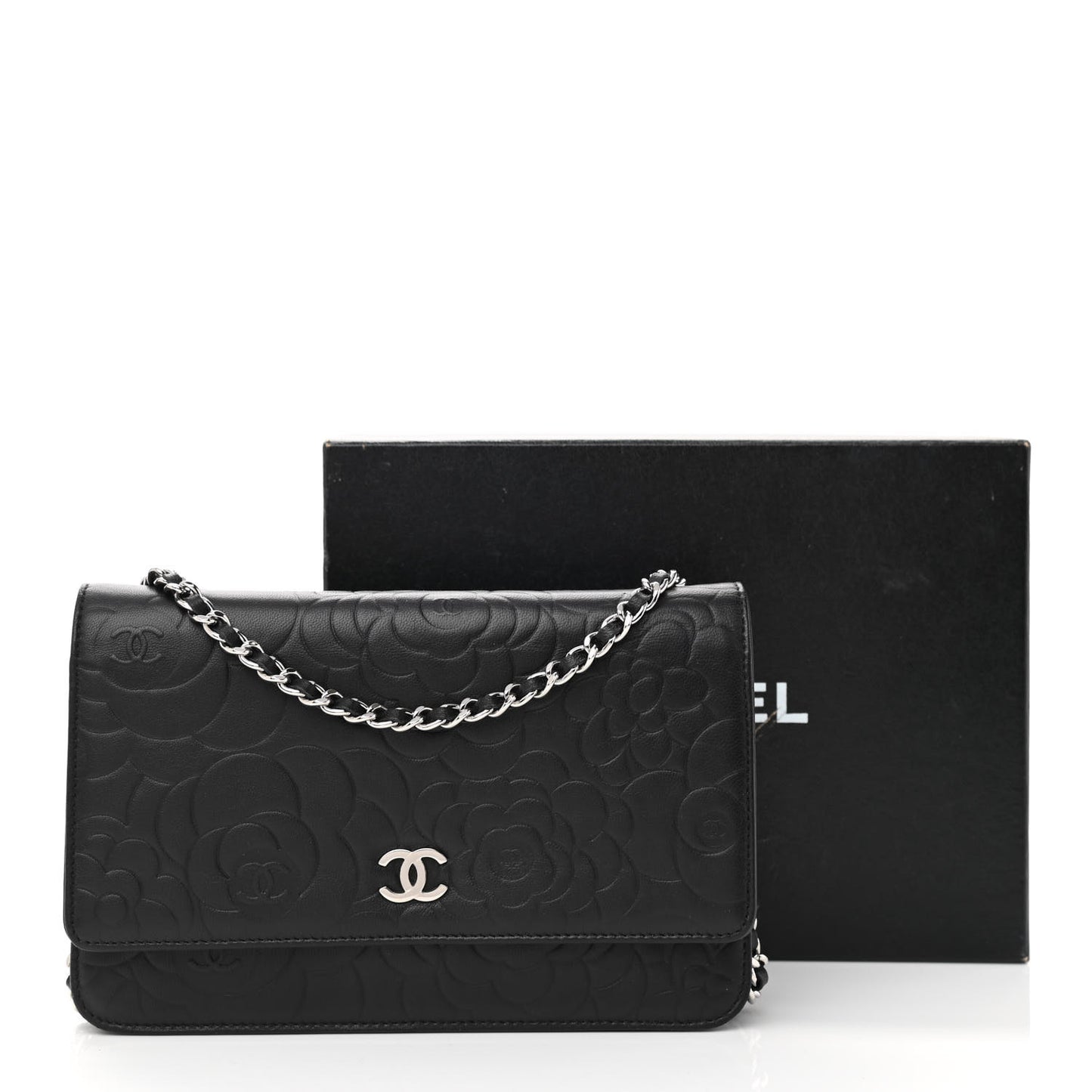 Lambskin Camellia Embossed Wallet on Chain WOC Black