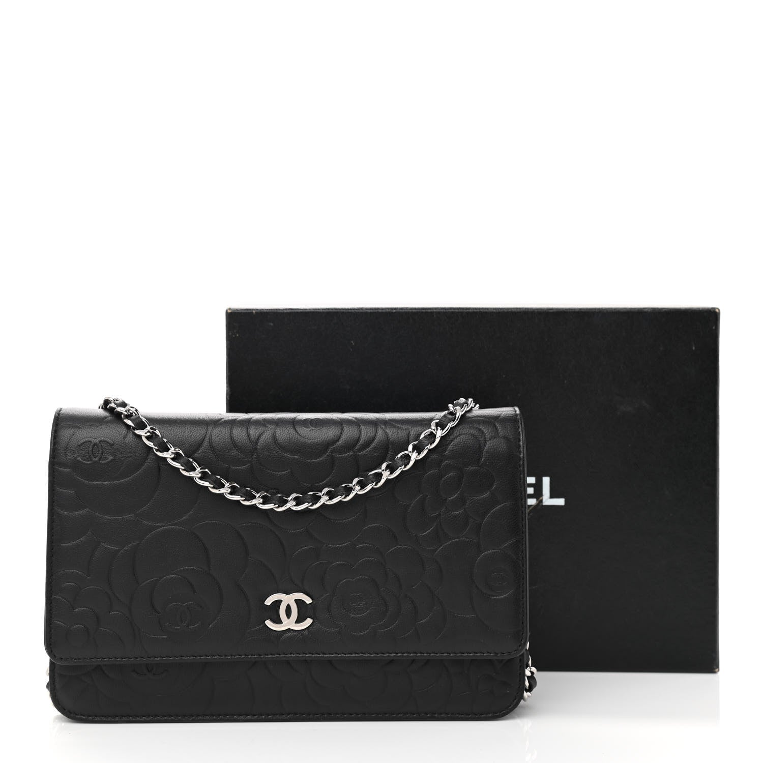 Chanel Lambskin Camellia Embossed Wallet on Chain WOC Black 12 of 12