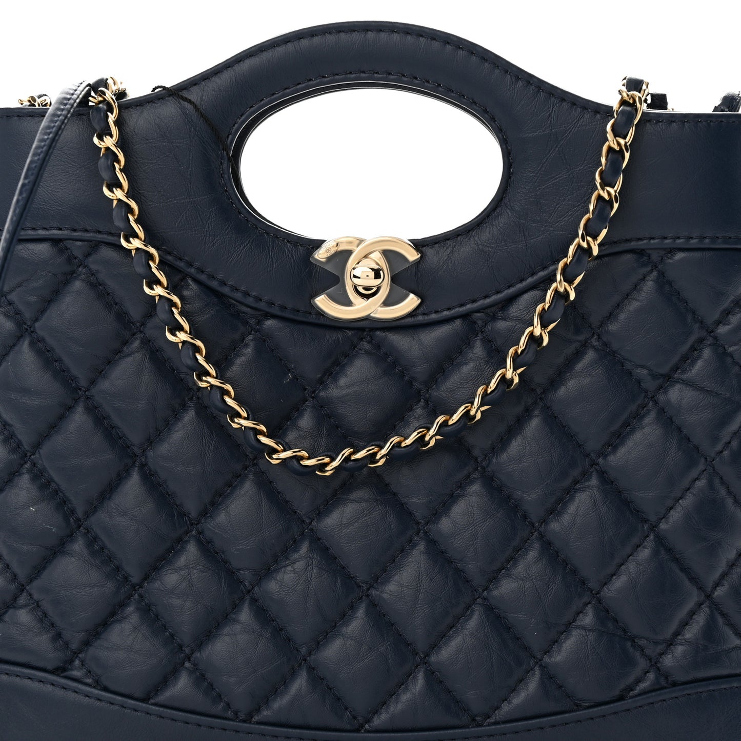 Shiny Crumpled Calfskin Quilted Mini 31 Shopping Bag Navy Blue