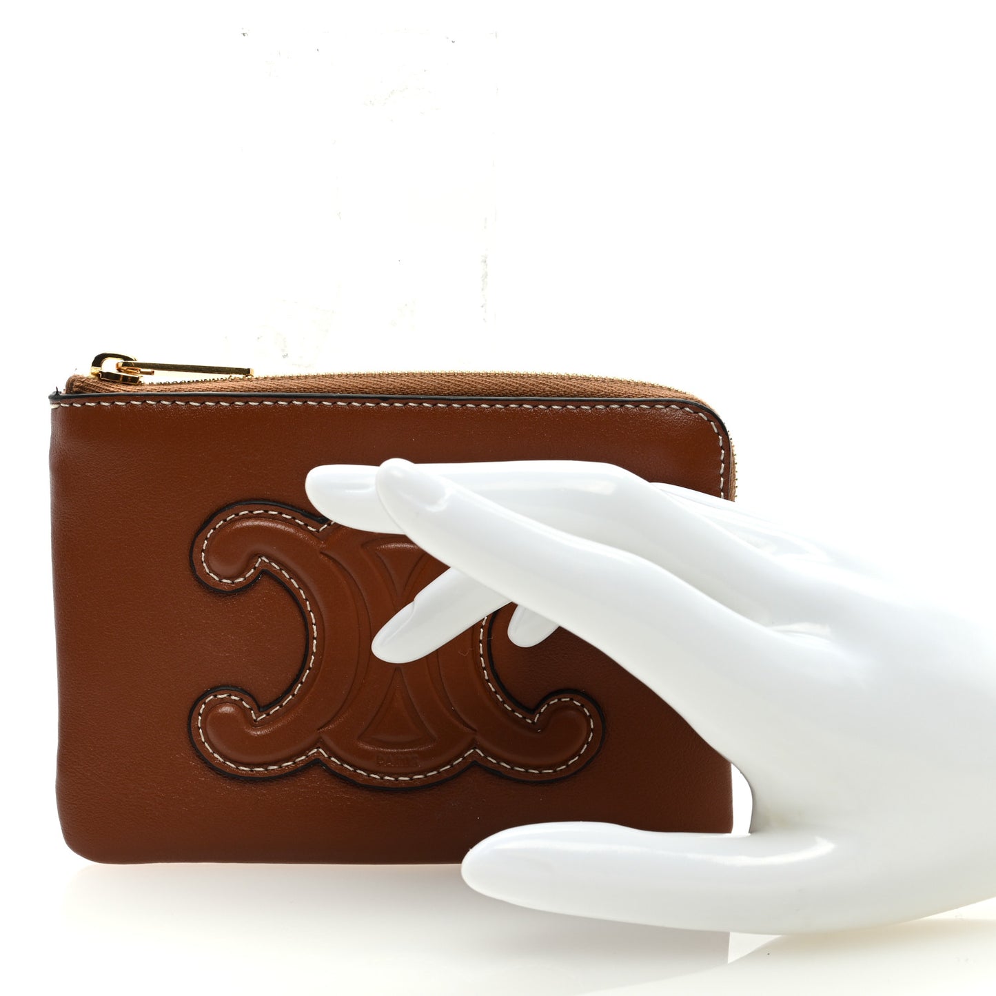 Smooth Calfskin Cuir Triomphe Coin and Card Pouch With Hook Tan