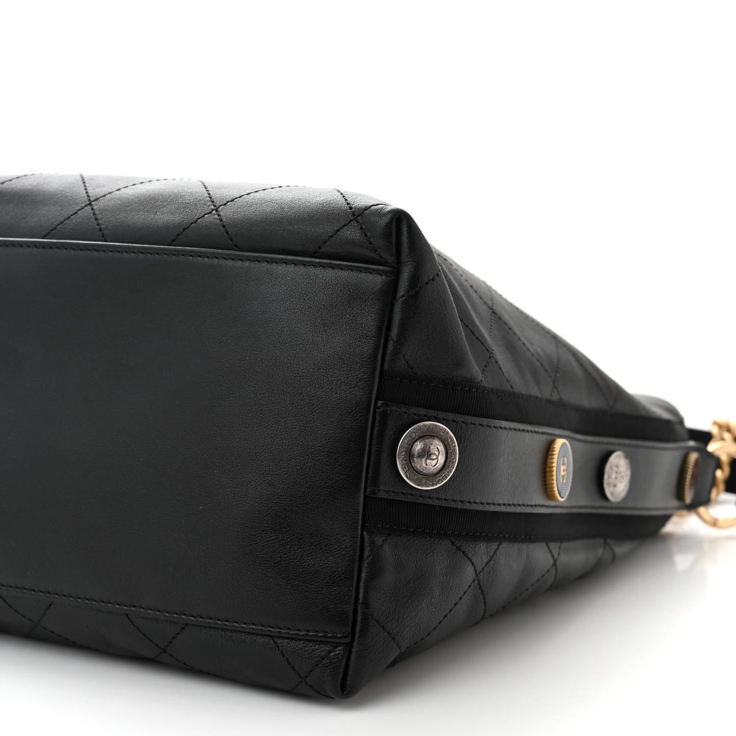 Calfskin Stitched Large Button Up Hobo Black