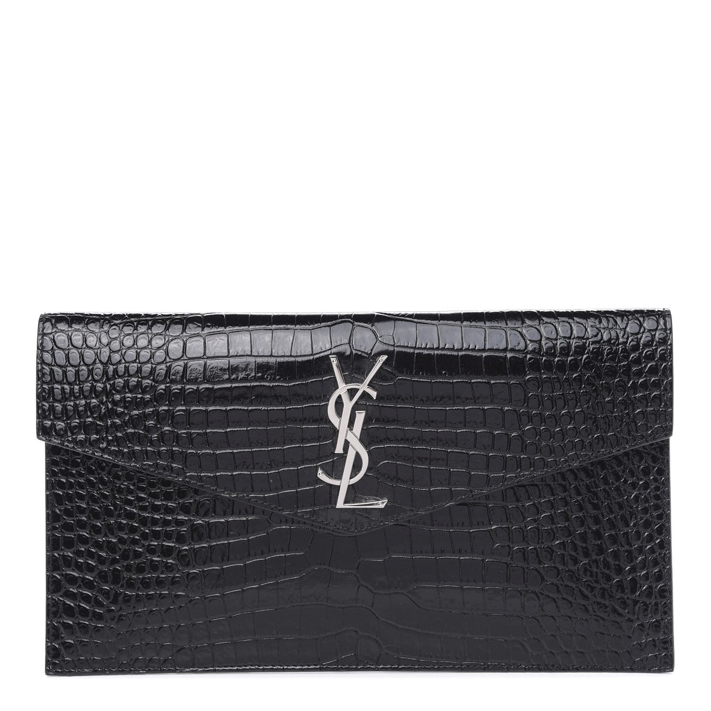 Calfskin Crocodile Embossed Uptown Monogram Clutch Black