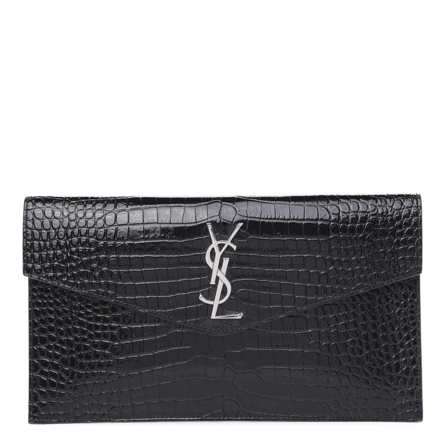 Saint Laurent Calfskin Crocodile Embossed Uptown Monogram Clutch Black 1 of 7