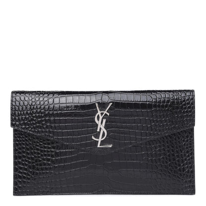 Saint Laurent Calfskin Crocodile Embossed Uptown Monogram Clutch Black 1 of 7