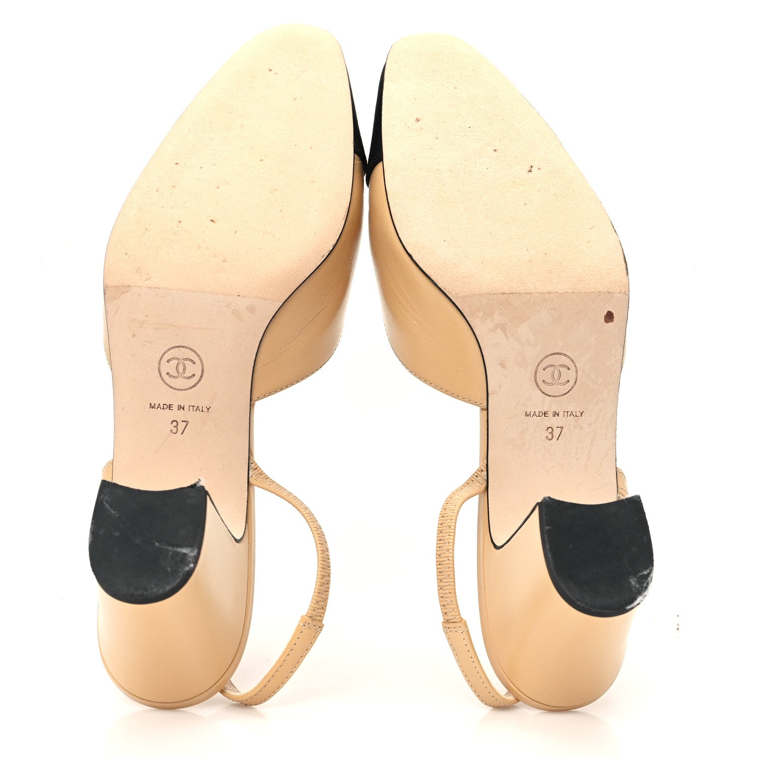 Chanel Goatskin Grosgrain Cap Toe CC Slingback Pumps 37 Beige Black 6 of 11