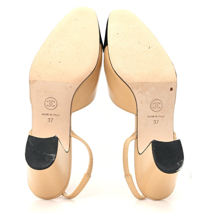 Chanel Goatskin Grosgrain Cap Toe CC Slingback Pumps 37 Beige Black 6 of 11