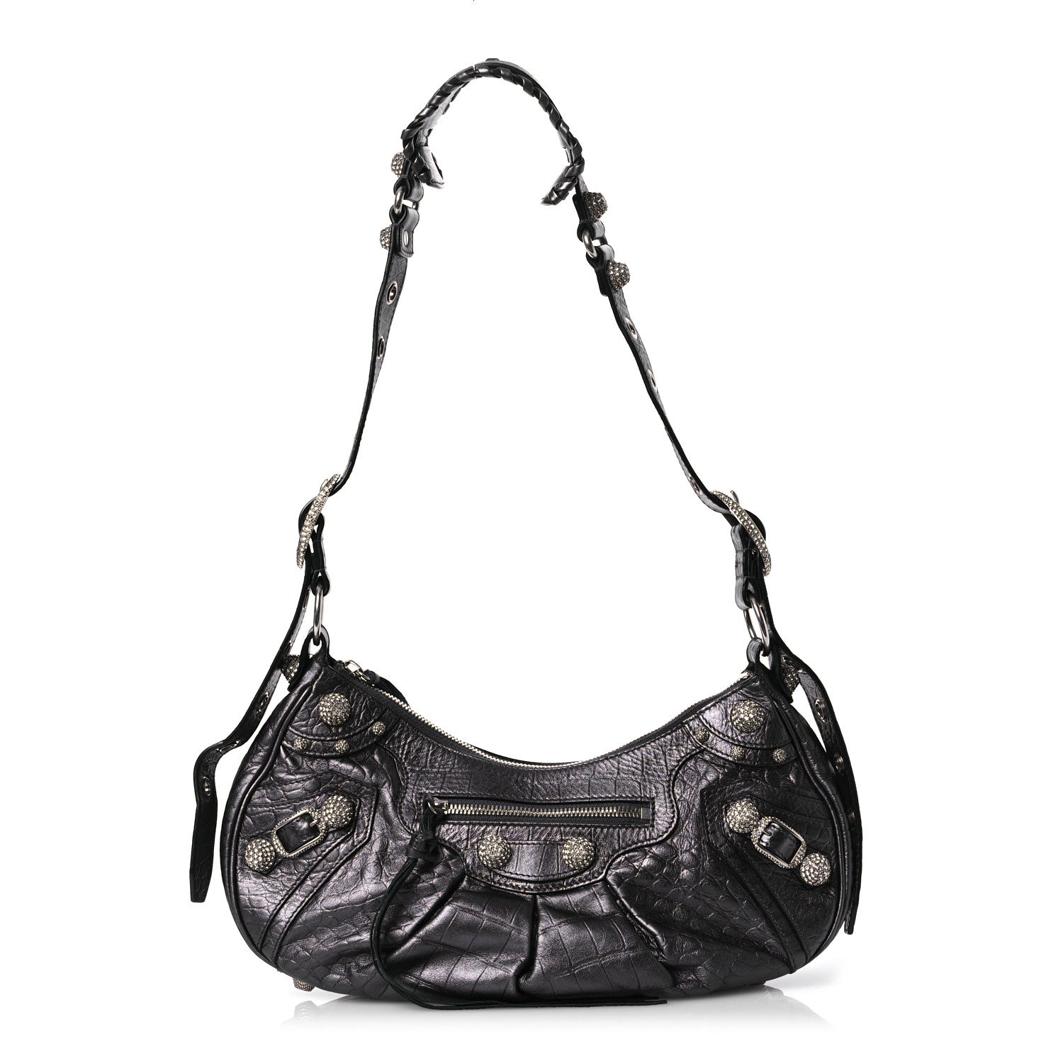 Balenciaga Metallic Calfskin Crocodile Embossed Crystal Small Le Cagole Shoulder Bag Gunmetal 1 of 14