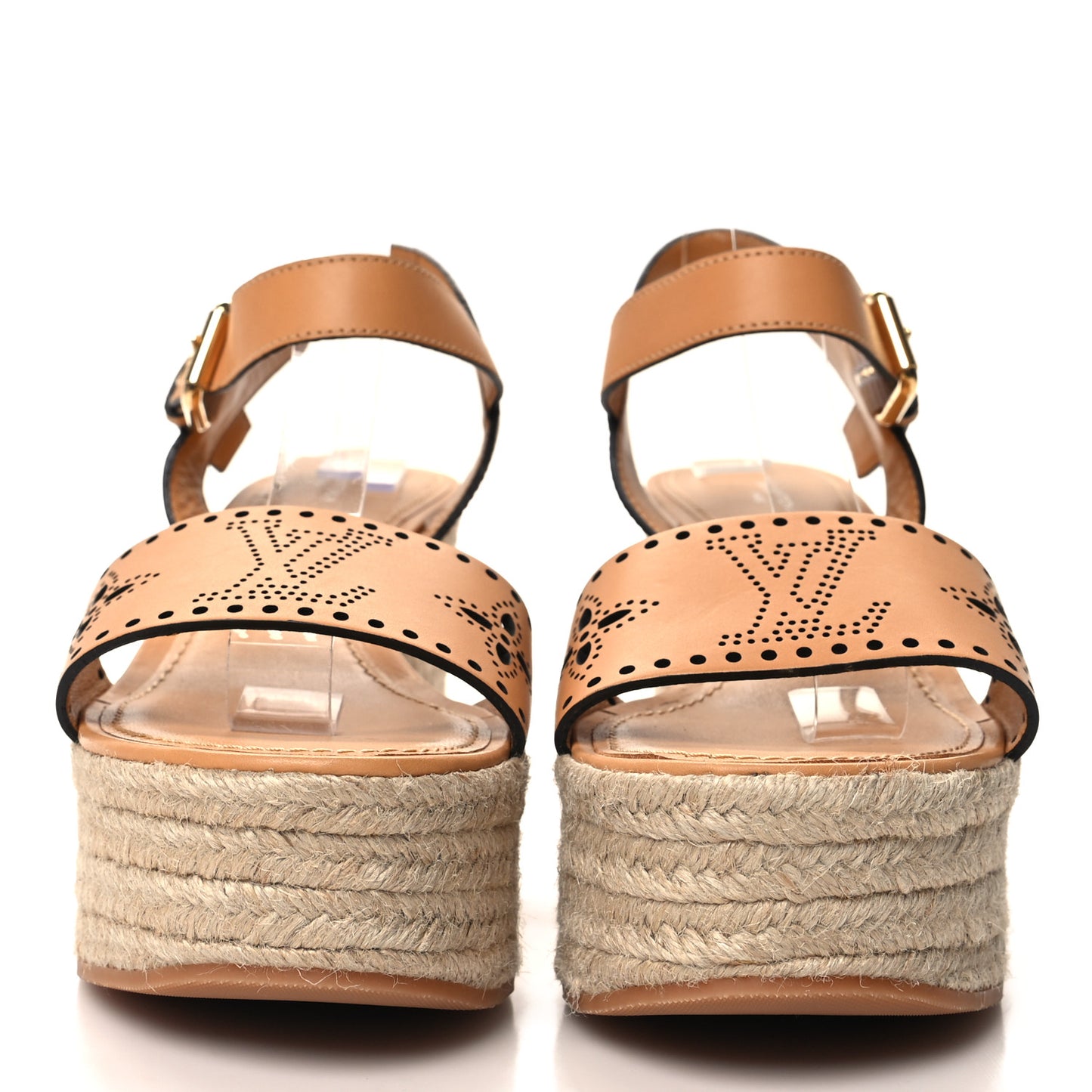 Calfskin Monogram Espadrille Wedge Sandals 38.5 Brown