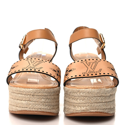 Louis Vuitton Calfskin Monogram Espadrille Wedge Sandals 38.5 Brown 2 of 9