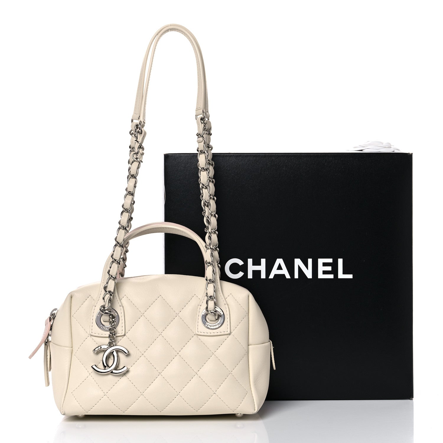 Chanel Calfskin Quilted Feather Weight Bowling Bag Ivory Light Pink 15 of 15