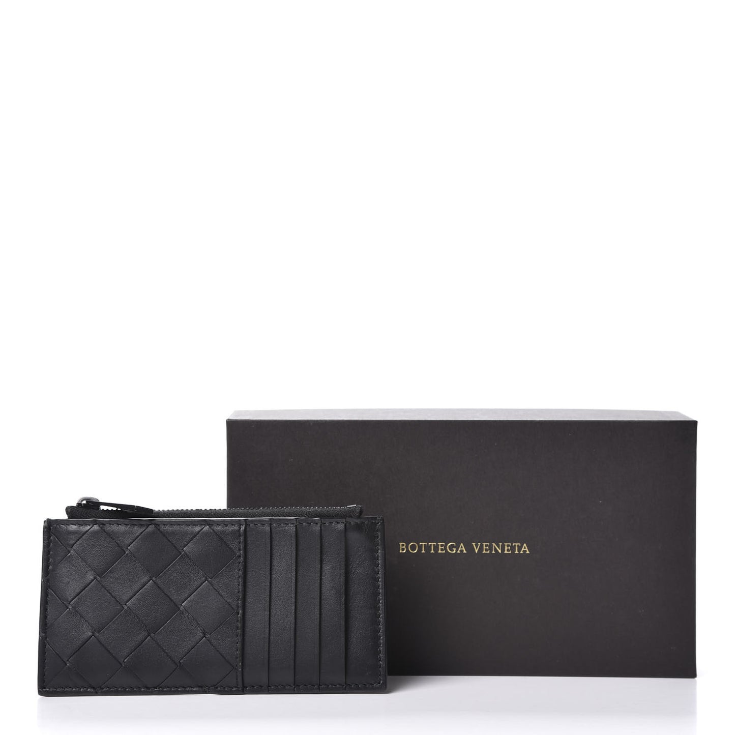 Calfskin Intrecciato Zip Card Holder Black