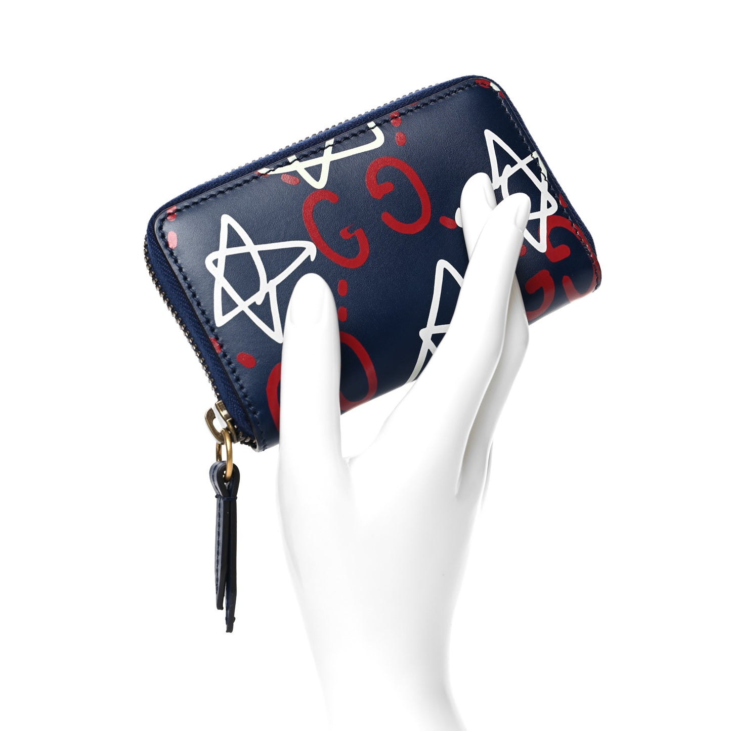 Calfskin GucciGhost Zip Around Card Case Blue Agata Hibiscus Red