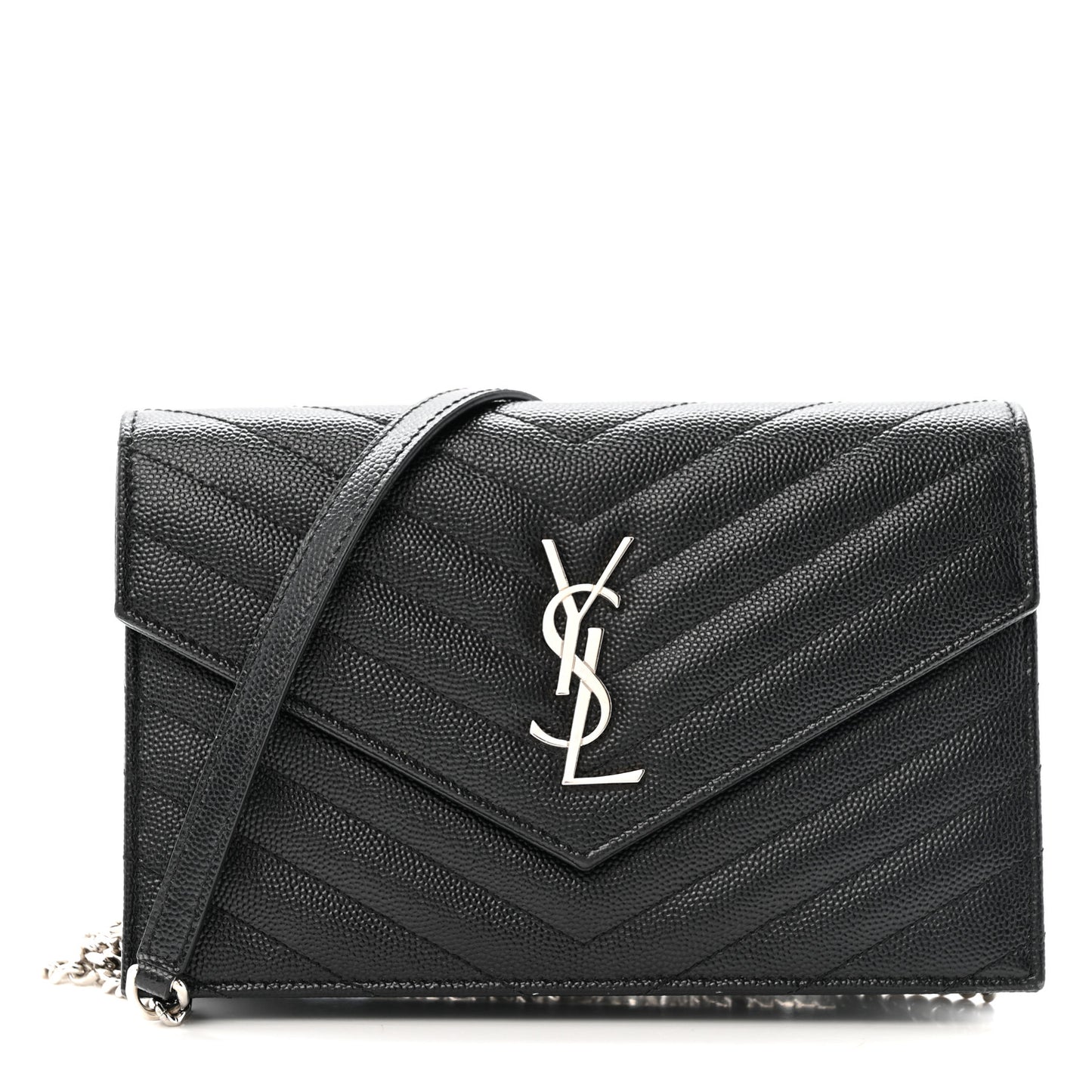 Grain De Poudre Matelasse Chevron Monogram Envelope Chain Wallet Black