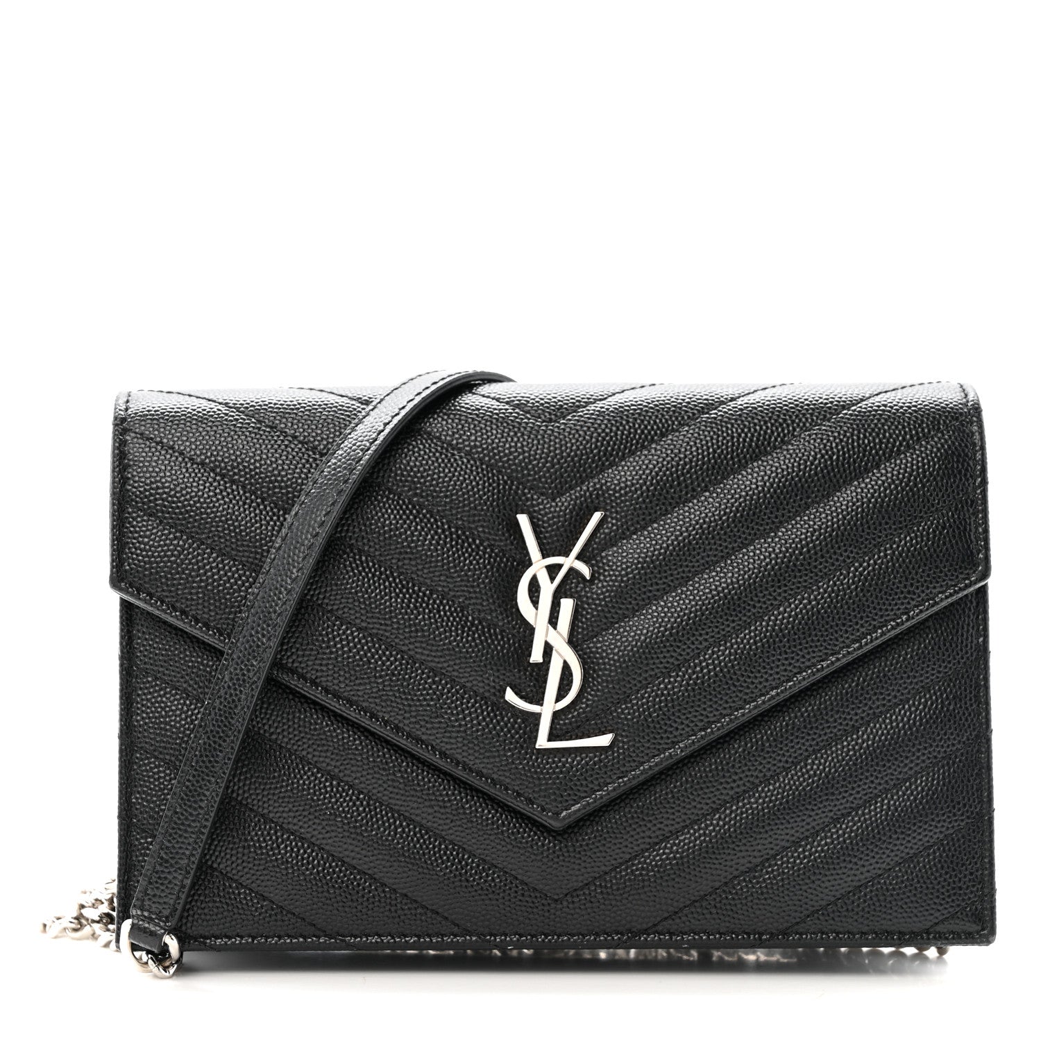Saint Laurent Grain De Poudre Matelasse Chevron Monogram Envelope Chain Wallet Black 1 of 13