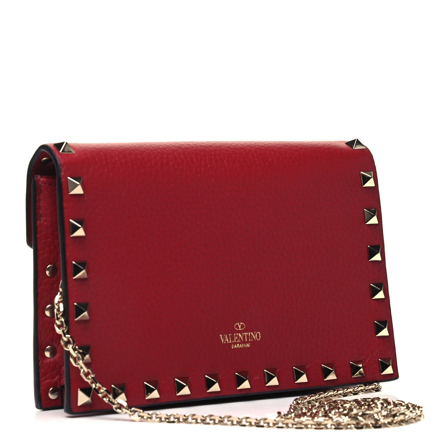 Pebbled Calfskin Rockstud Envelope Wallet on Chain Rubino